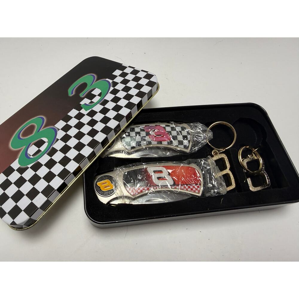 Dale Earnhardt Sr Jr NASCAR 3 Pocket Knife Keychain Gift Set Tin Case Sealed